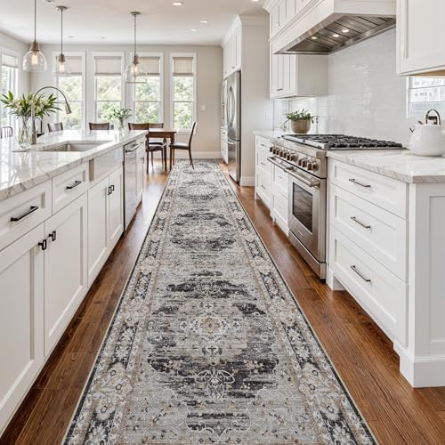 3x20 Washable Hallway Runner Rug - Non-Slip Vintage Kitchen Rugs Black Gray - Image 2