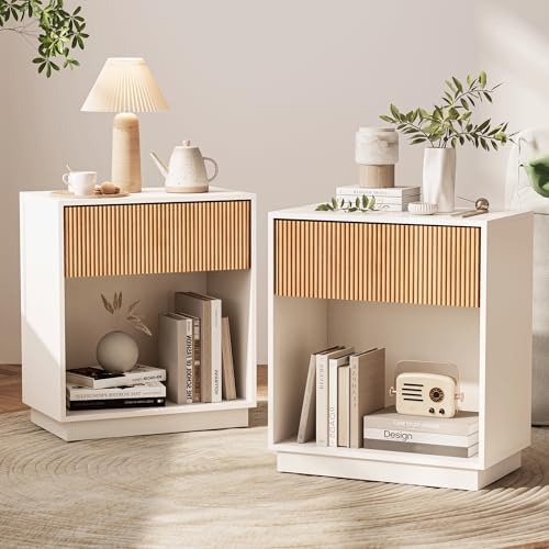 Fluted Nightstands Set of 2, Modern Bedside Table with Drawer and Storage Shelf, Wood End Table Mid Century Night Stands for Bedroom Living Room Sofa Couch Office (White+Oak) by INNODToddlerTower