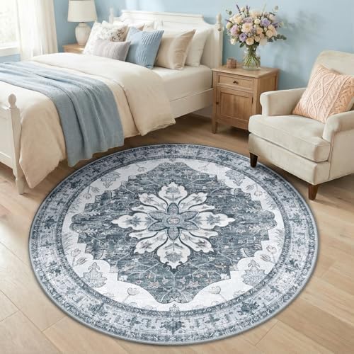 RELEANY Washable Area Rug, Round 5ft, Grey/White/Beige - Image 2