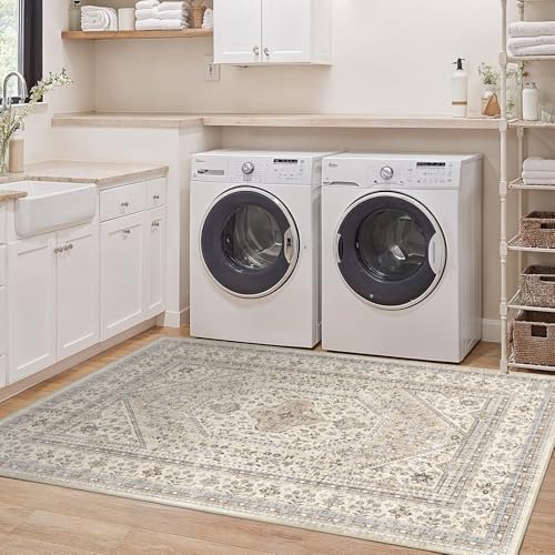 3x5 Washable Entryway Area Rug - Non-Slip Vintage Throw Rugs Beige Gray - Image 4