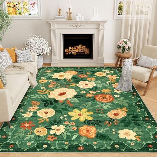 DUKINO 6x9 Area Rugs, Floral Washable Rug for Bedroom Non Slip, Dark Green by DUKINO