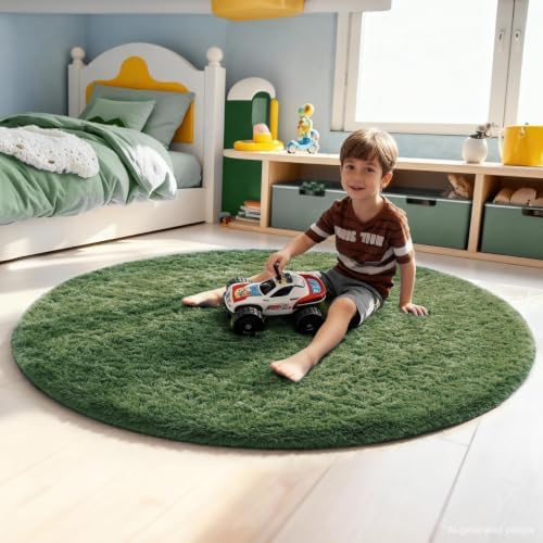 Ophanie Round Rug 5Ft Grey Green Circle Area Rug, Grayish Green Room Decor, Fluffy Fuzzy Bedroom Carpet,Plush Soft Shaggy Living Room Rugs for Kids Home Aesthetic,Nursery with Over 99 pcs Pile fibers - Image 3