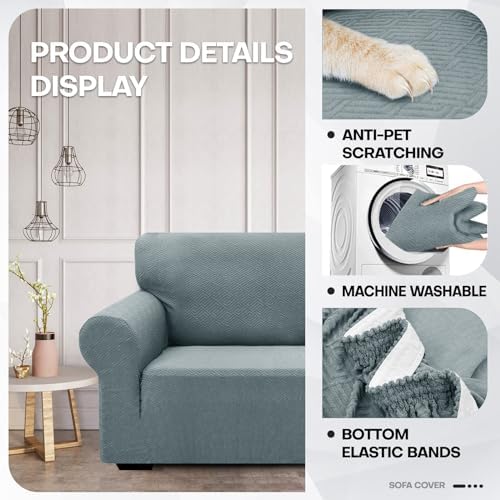 ZNSAYOTX 1 Piece Jacquard Couch Covers for 2 Cushion Couch High Stretch Loveseat Slipcover for Pets Dogs Anti Slip Love Seat Sofa Slipcover Furniture Protector (Medium, New Pattern Light Grey) - Image 3