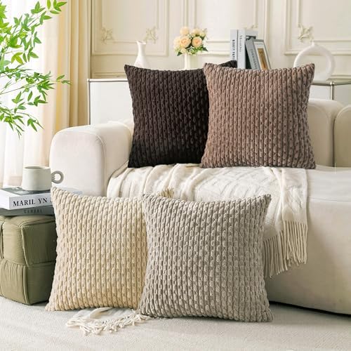 Set of 4 Beige Brown Coffee Decorative Throw Pillow Covers 16x16 Inch Corduroy Pillow Covers for Bed Couch Sofa Living Room Soft Square Cushion Cases by Cozoomy