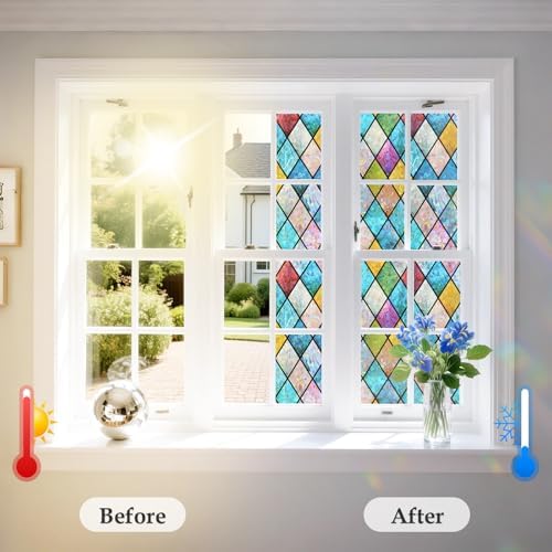 WPCTEV Stained Glass Rainbow Window Privacy Film, Rhombus 29.5In x 6.5Ft - Image 4