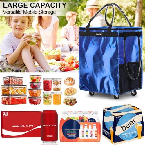 Medium Blue Reusable Grocery Bag on Wheels, Foldable Rolling Tote Bag, - Image 4