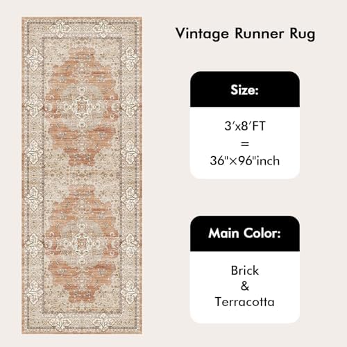 3x8 Washable Hallway Runner Rug - Non-Slip Vintage Rugs Terracotta Beige - Image 6
