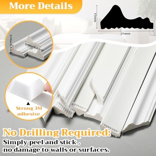Colingmill 6 Sets Pre-Cut Wall Peel and Stick Trim Molding Wall Wainscoting Panels 3D Self Adhesive Baseboard Molding Trim for Interior Decoration Living Room Bedroom Accent (54 x 24 x 0.98 in,White) - Image 3