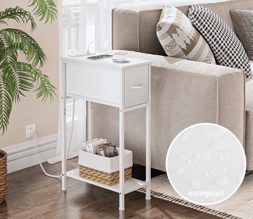 Vagusicc End Table with Charging Station, Narrow Side Table Nightstand with Fabric Drawer, Slim Nightstand for Bedroom, Small Bedside Table, Slim Sofa Side Table for Small Spaces, White - Image 7