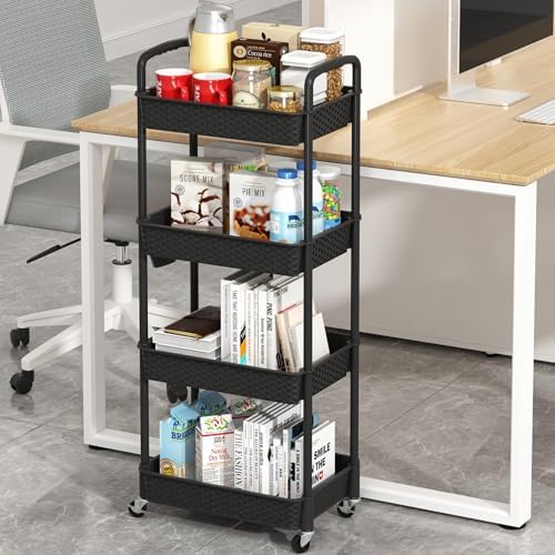 MOYIPIN 4-Tier Plastic Rolling Utility Cart with Handle, Black - Image 2