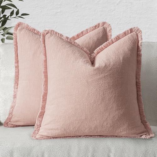 MIULEE Boho Linen Fringe Decorative Throw Pillow Covers Pink 20x20 by MIULEE