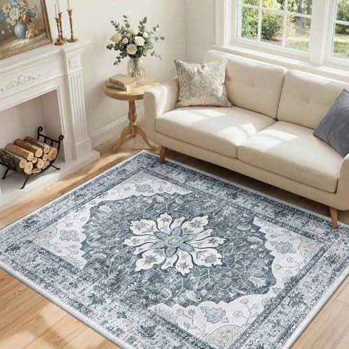 RELEANY Washable Area Rug, 4'x6', Grey/White/Beige - Image 2