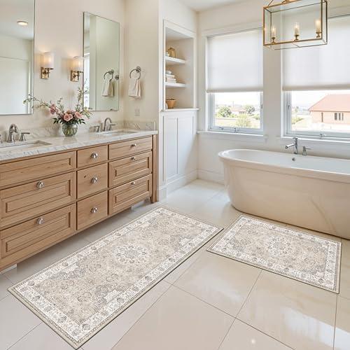 4 Pieces Kitchen Rug Set: Washable Water Resisitant Carpet for Sink Stove Area Soft Floor Mats with Non-Slip Backing for Bathroom Low-Pile Runners for Family with Elderly Dogs(2x3+2x4+2x5+2x6,Beige) - Image 2