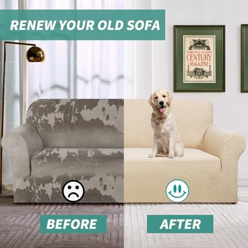 YEMYHOM Couch Cover Latest Jacquard Design High Stretch Sofa Covers for 3 Cushion Couch, Pet Dog Cat Proof Slipcover Non Slip Magic Elastic Furniture Protector (Sofa, Beige) - Image 3