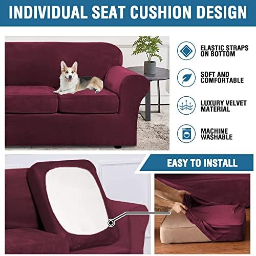H.VERSAILTEX Real Velvet Plush 3 Piece Stretch Sofa Covers Couch Covers for 2 Cushion Couch Loveseat Covers Width Up to 72 Inch Feature Thick Soft Stay in Place (Medium Sofa, Burgundy) - Image 6