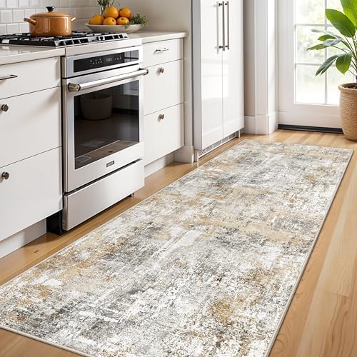 3x7 Washable Non-Slip Kitchen Runner Rug – Modern Abstract Neutral Carpet for Hallway, Entryway, Bedroom, Laundry Room – Low-Pile Thin Wide Floor Runner (Gold Grey - Image 3