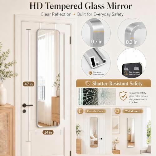SCWF-GZ 47x14 Full Length Mirror Over the Door Hang or Wall Mounted Silver - Image 2