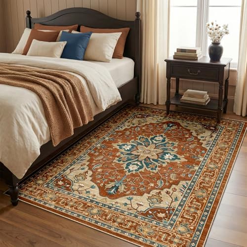 RELEANY Washable Area Rug, 4'x6', Red/Orange/Blue/Brown - Image 3