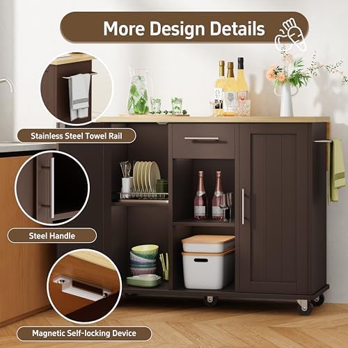 Shintenchi Kitchen Island with Storage, Bar Cart Cabinet Island Table on Wheels, Rolling Microwave Cart for Kitchen with Drop Leaf, Drawers, Towel Rack, Seating Area for Dining Room, Brown - Image 4