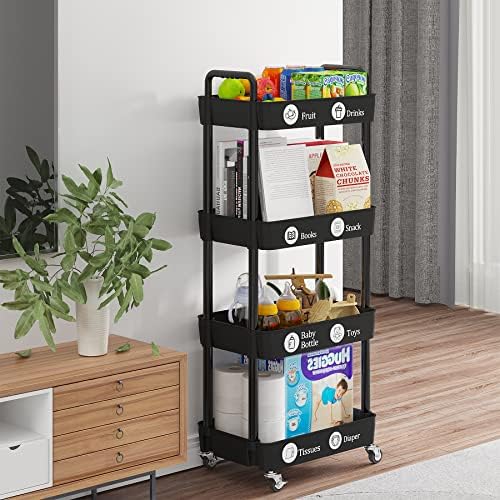 Laiensia 4-Tier Rolling Cart with Wheels,Multifunction Utility Storage Carts, Kitchen Storage Organizer,Mobile Shelving Unit for Bathroom,Laundry,with Classified Stickers,Black - Image 6