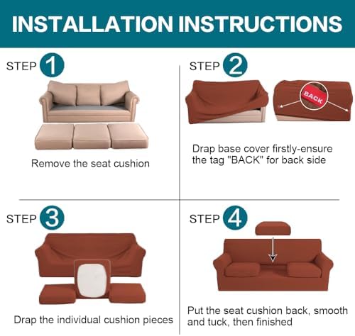 Turquoize 4 Piece Sofa Covers for 3 Cushion Couch Sofa Slipcover Soft Couch Cover for Dogs-Washable Sofa Furniture Covers with 3 Individual Large Cushion Covers (XL Sofa, Rust) - Image 6