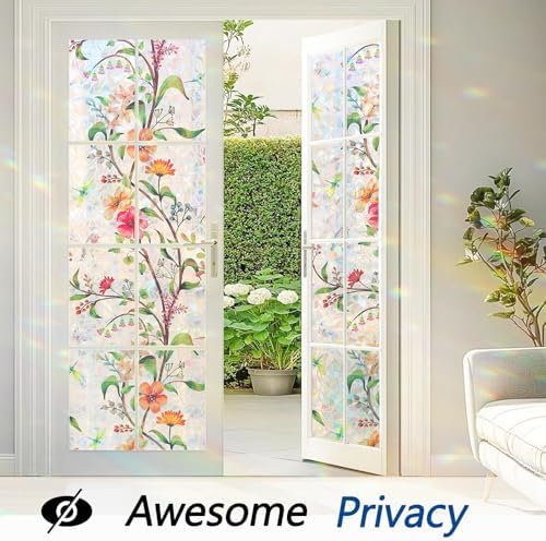Stained Glass Window Film Decorative for Glass, Bathroom Window Privacy Film Static Cling, Rainbow Window Cling UV Blocking Non-Adhesive for Home Office Door (Floral, 17.5" x 157.5") - Image 3