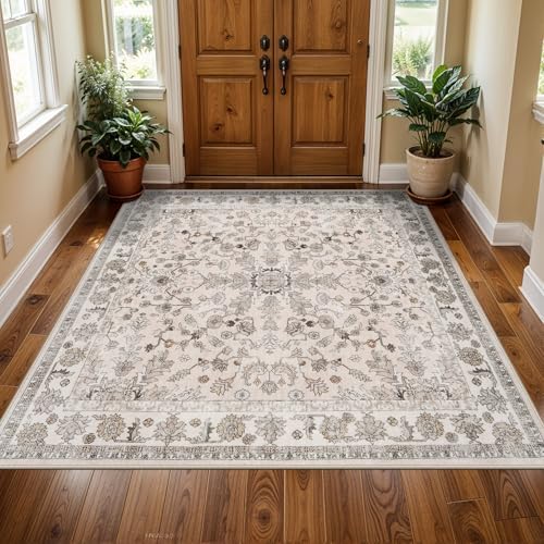 5x5 Square Washable Rug for Living Room: Non Slip Indoor Entryway Foot Carpet for Kitchen, Boho Soft Beige 5ftx5ft Low Pile Neutral Area Rug for Dining Room Bathroom (Beige, 5x5) by BYYVOORugsforYourHome