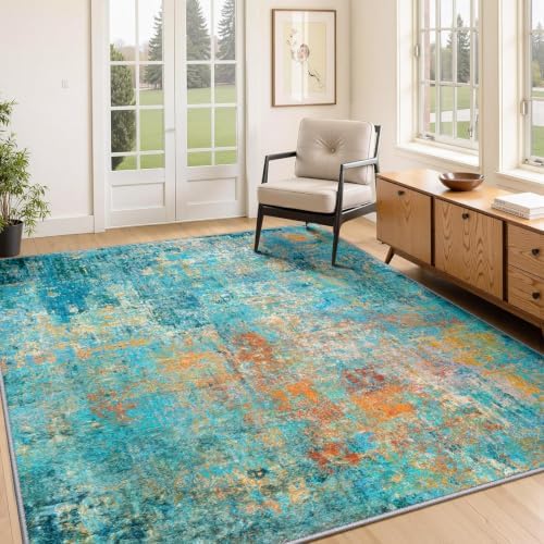 RELEANY Washable 4'x6' Abstract Area Rug for Living Room Teal Multi by RELEANY