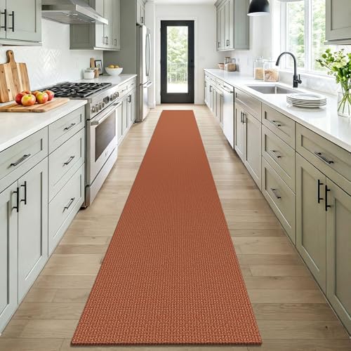 KOZYFLY Orange 2x16 Runners Rugs for Hallway, Extra Long Washable Runner Rug, Woven Non Slip Kitchen Runner, Cotton Entryway Rug, Floor Carpet for Entry, Aisle, Hall, Burnt Orange/Tan - Image 2