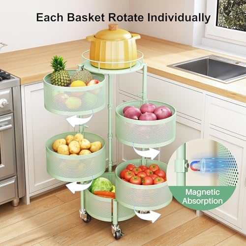 SAYZH 5 Tier Fruit Vegetable Basket Stand for Kitchen, Rotating, Green - Image 3