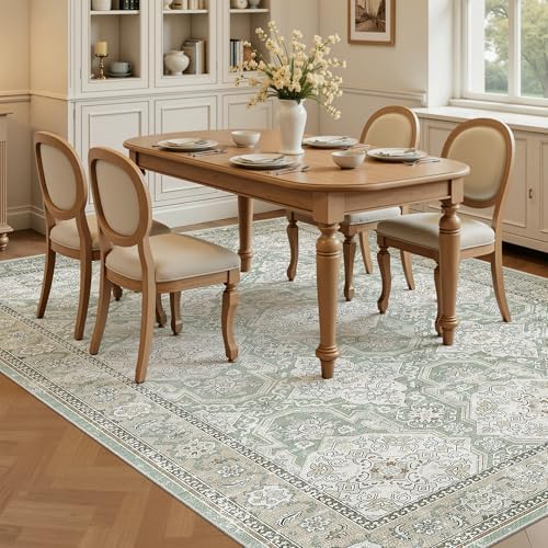 Soalmost 5x7 Area Rug Low Pile Washable Trendy Faded Style Rug, Green/Brown - Image 3