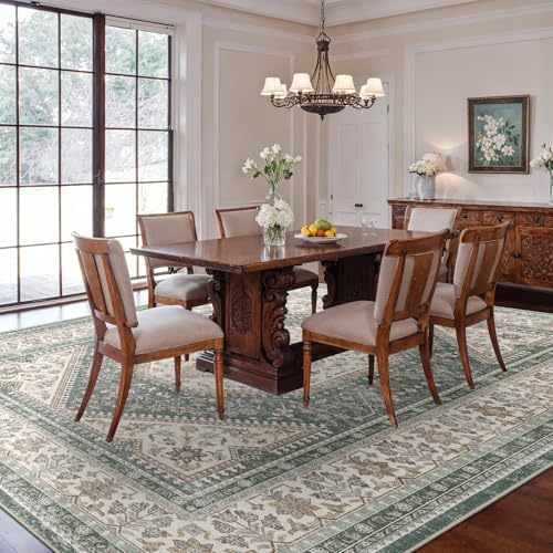 10x12 Washable Area Rug for Living Room - Non-Slip Vintage Rugs Green Beige - Image 7