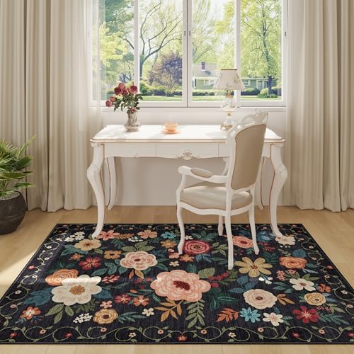 DUKINO 3x5 Area Rug, Floral Washable Rug for Bedroom Non Slip, Black - Image 6