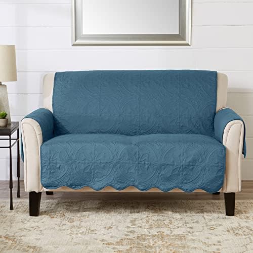 Great Bay Home Reversible Loveseat Cover - Washable Slipcover Furniture Protector with Elastic Straps - Perfect for Kids & Pets - Quilted & Stitched Detail (Smoke Blue/Ivory) by GreatBayHome