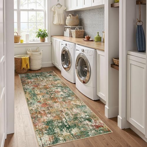 RELEANY Washable Runner 2'x10' Abstract Area Rug for Hallway Green Multi - Image 3