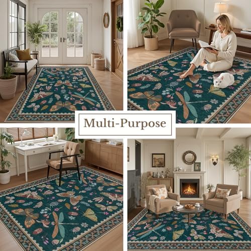 Area Rug 9x12 Living Room: Soft Floral Washable Boho Carpet Teal - Image 5