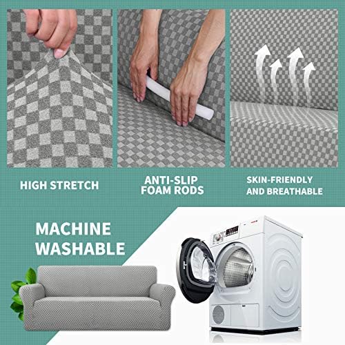 YEMYHOM Couch Cover Latest Jacquard Design High Stretch Sofa Covers for 3 Cushion Couch, Pet Dog Cat Proof Slipcover Non Slip Magic Elastic Furniture Protector (Large, Light Gray Checkered) - Image 5