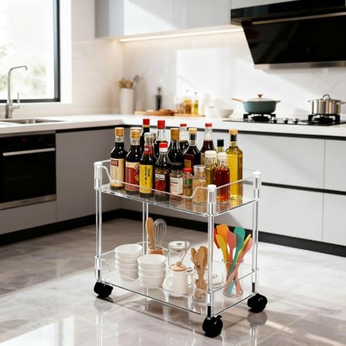 Betoveren 2 Tier Utility Rolling Cart Storage Organizer with Wheels Under Desk Mobile Bathroom Cart Organizer for Office Bathroom Home Kitchen Organization Transparent (Width 8.85 Inches) - Image 3