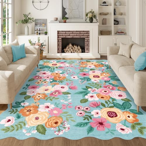 DUKINO 6x9 Area Rugs, Floral Washable Rug for Living Room Non Slip, Teal by DUKINO