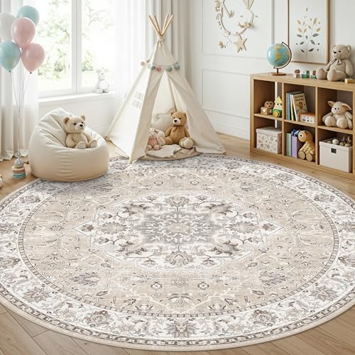 Washable 8ft Round Area Rug - Living Room Oriental Non Slip Soft Rugs Indoor Low Pile Stain Resistant Carpet for Bedroom Dining Room Farmhouse Distressed Thin Home Decor Floor Mat(8Round,Beige) by HYHAOYUNLAI