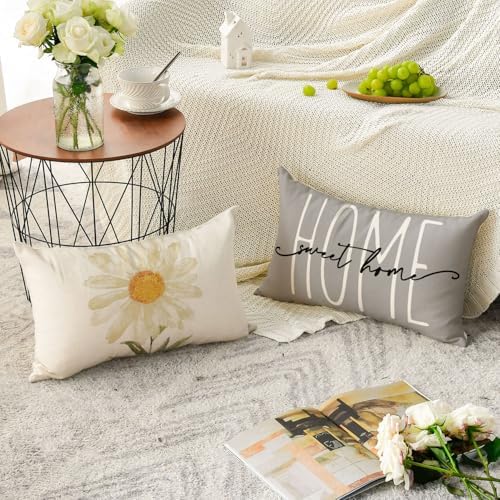 AVOIN colorlife Home Sweet Home Spring Summer Flowers Throw Pillow Covers, 12 x 20 Inch Grey Cushion Case for Sofa Couch Set of 4 - Image 4