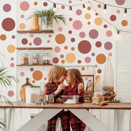 230 PCS Boho Polka Dot in Vintage Terracotta Warm Tones Wall Decals Set | 10 sheets removable waterproof peel & stick circle wall stickers for nursery, kids room, bedroom, playroom & home decor by Qaxrocyn