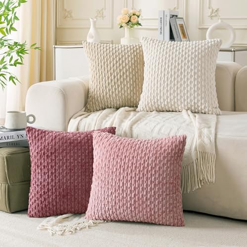 Set of 4 Pink Beige White Decorative Throw Pillow Covers 26x26 Inch Corduroy Pillow Covers for Bed Couch Sofa Living Room Soft Square Cushion Cases by Cozoomy