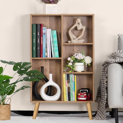 LEYAOYAO 5 Cube Bookshelf, Mid-Century Modern Book Shelf with Legs, Oak - Image 4
