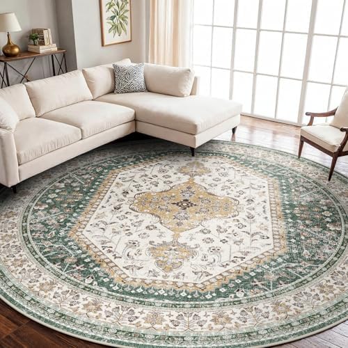 Puino 9Ft Round Rug Washable: Non-Slip Boho Living Room Circle Area Rugs by Puino