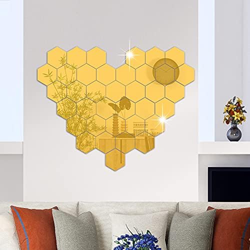 RW-103 36 Pcs Acrylic Hexagon Mirror Decals DIY Removable 3D Geometric Mirror Art Setting Wall Decor for Bedroom, Living Room, Office, Kitchen & Home (Gold) - Image 7