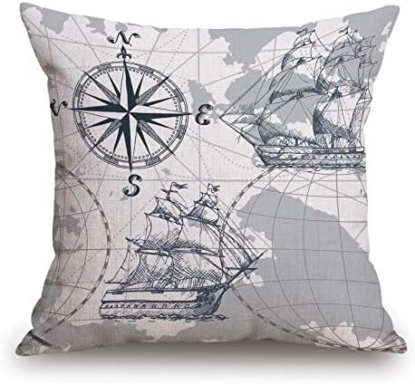 TSSOHU Nautical Sailboat Map Throw Pillow Cover Ship Anchor Cotton Linen Decorative Pillow Case Cushion Cover Home Sofa Decor 18x18 Inch Pillow Cover by TSSOHU