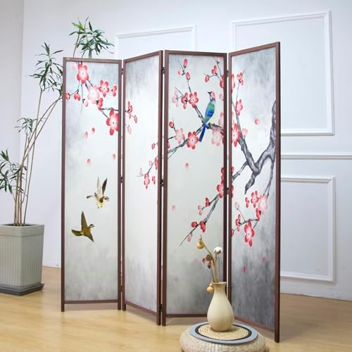 Furnnylane 4 Panel Room Divider for Room Separation, 5.6 ft Tall Double Sided Blackout Folding Privacy Screen for Home Office - Freestanding Partition with Magnolia and Plums Scenery (67" H x 63" W) by Furnnylane