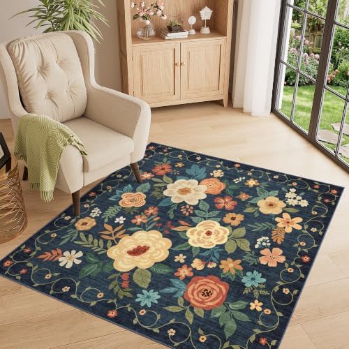 DUKINO 4x4 Square Area Rug, Floral Washable Rug for Entryway, Navy Blue - Image 3