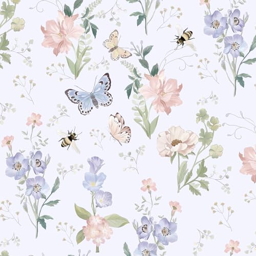 Vinjiasin 17.3"x 393.7" Wallpaper Peel and Stick Colorful Floral Contact Paper Flower Leaf Butterfly Wall Paper for Bedroom Bathroom Self Adhesive Removable by Vinjiasin